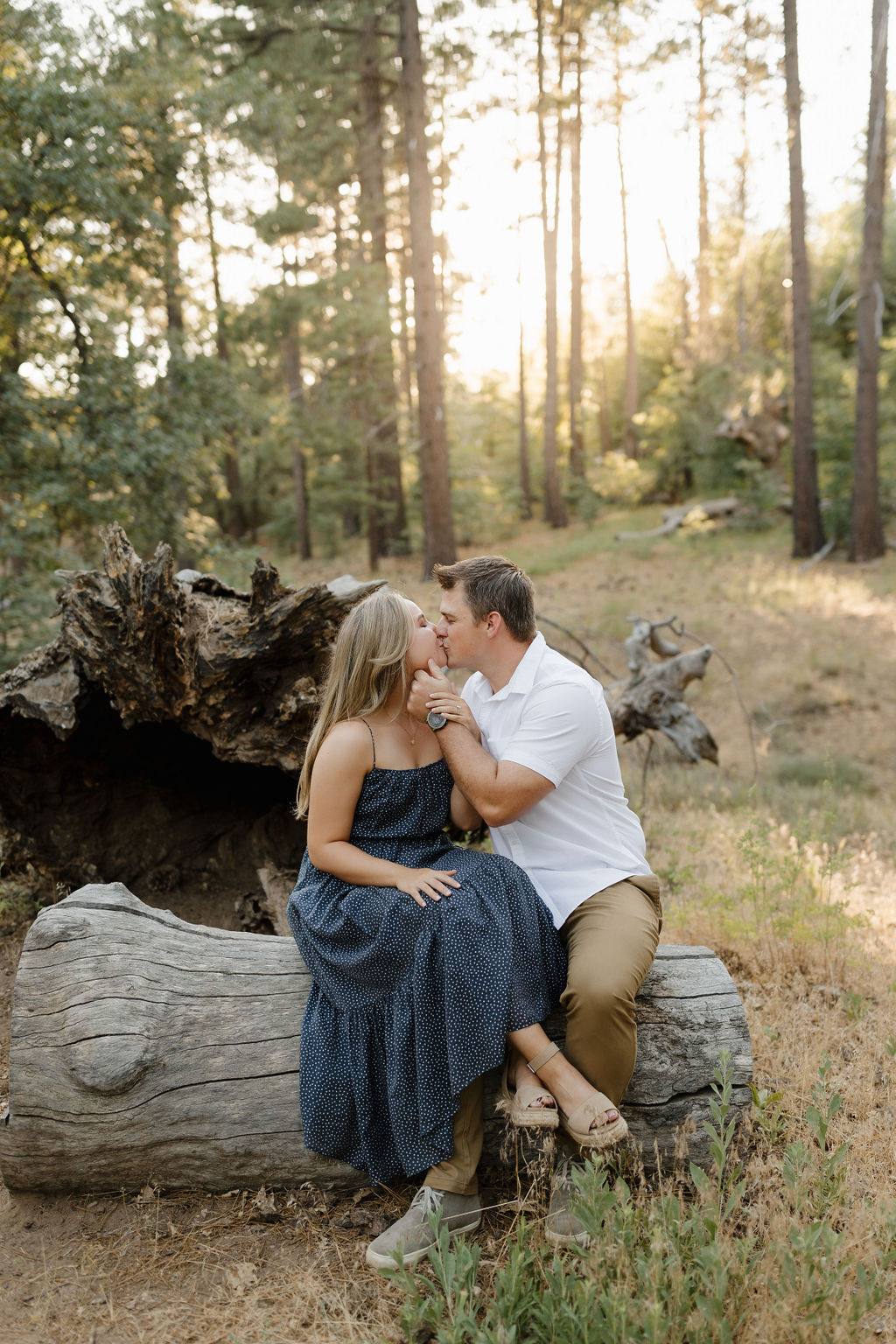 Couple kissing on a downed tree log