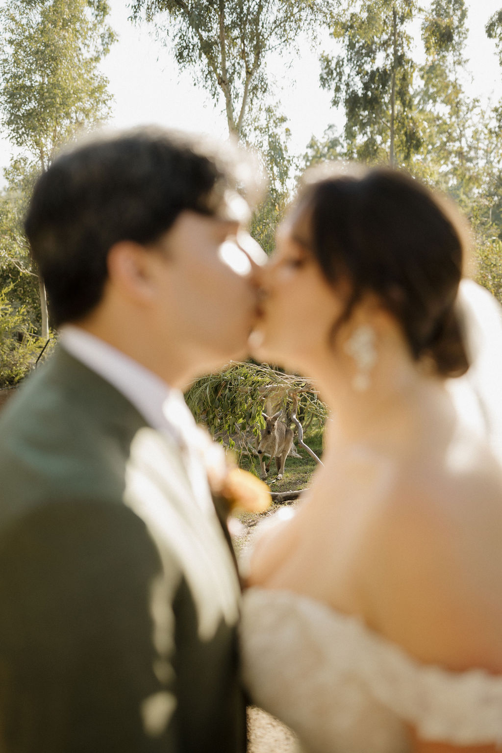 Couple kissing at their San Diego zoo wedding with an animal in the background
