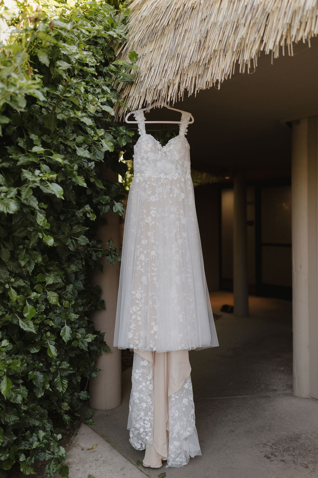 The brides wedding dress hanging in the zoo.