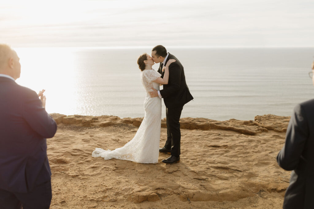 couples first kiss at Cabrillo National Monument wedding